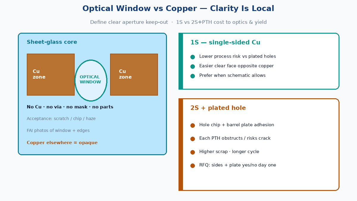 Optical window vs copper: clear aperture keep-out, 1S vs 2S plated hole cost to clarity