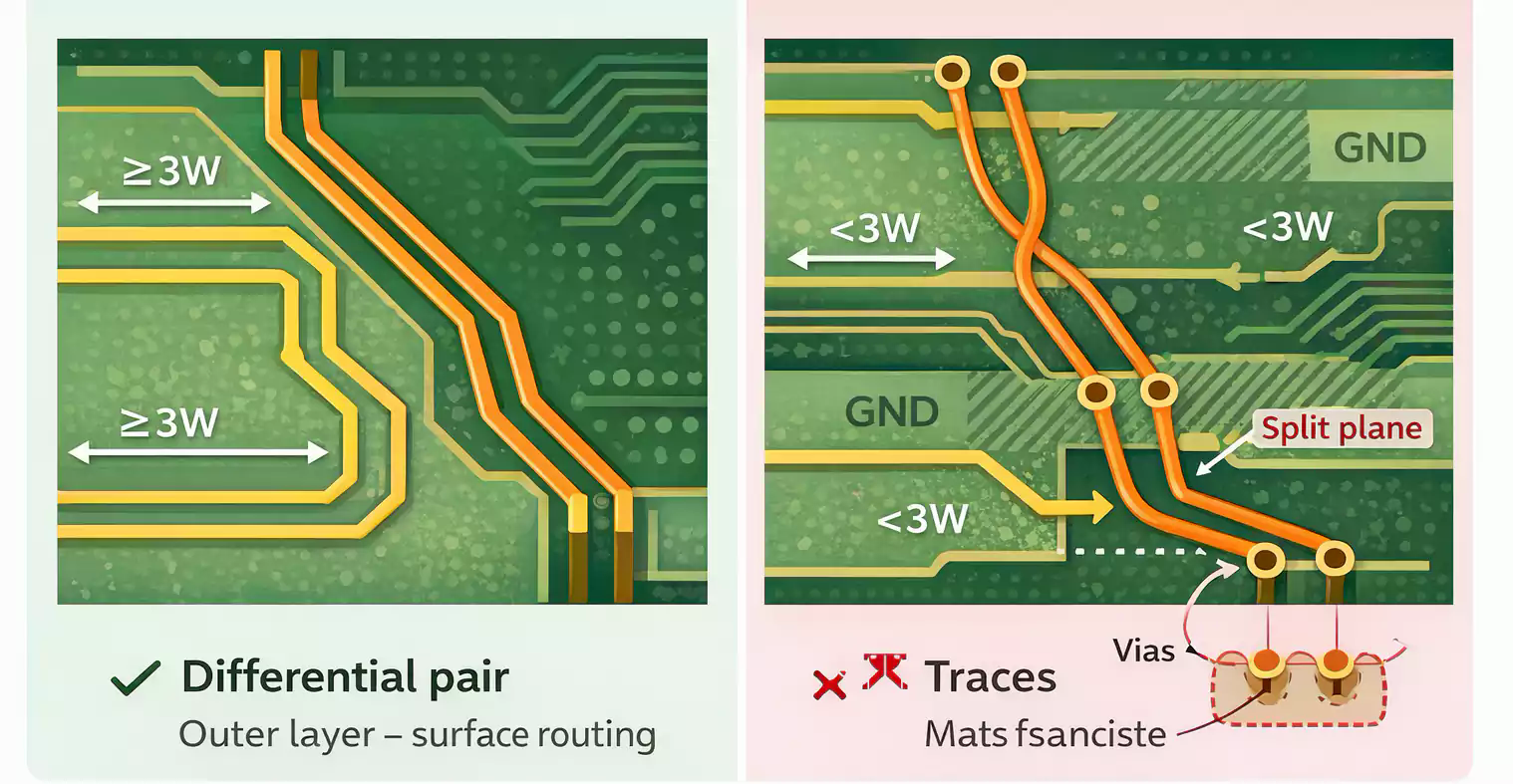 Good versus bad controlled impedance routing practices for differential pairs