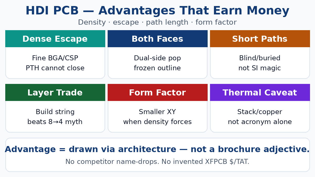 HDI PCB advantages — density, escape, layer, and form-factor buyer gates