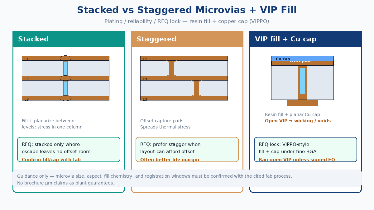 Stacked vs staggered microvia and VIP fill / copper-cap concept
