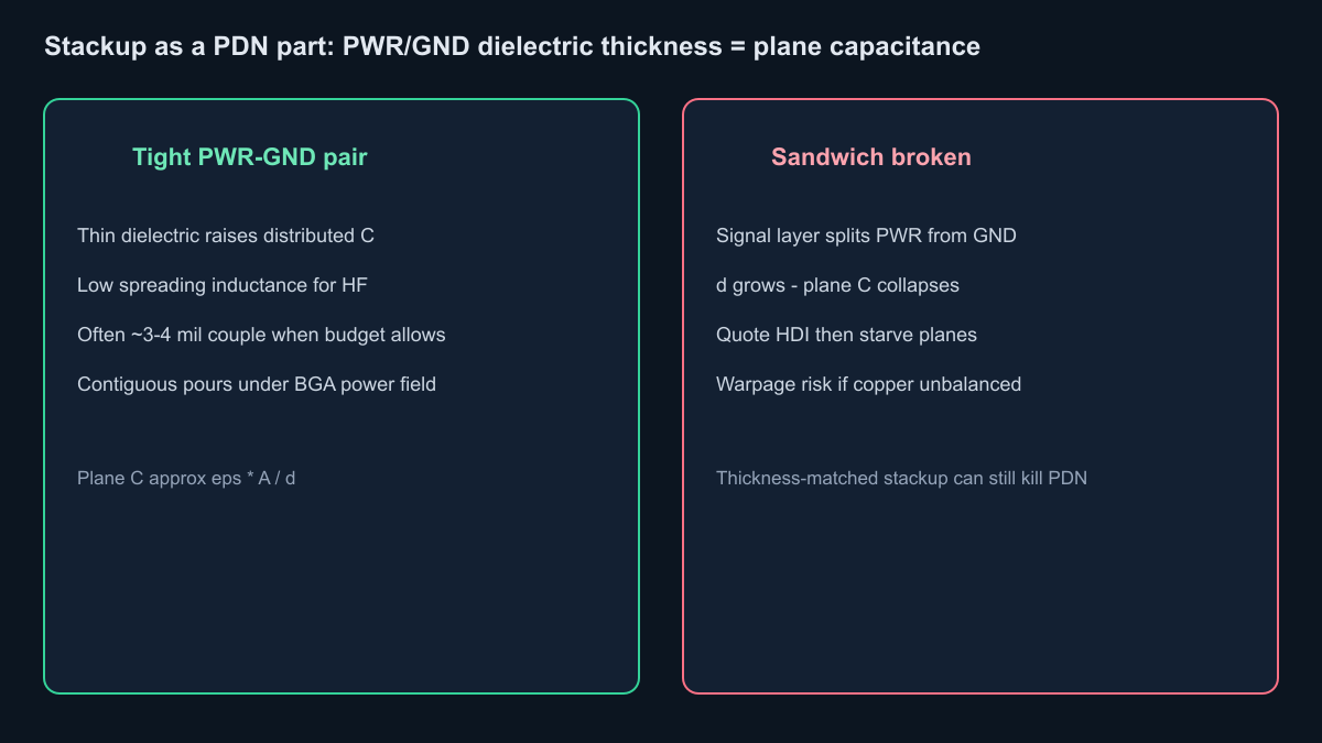 HDI PDN stackup tight PWR-GND pair versus broken sandwich
