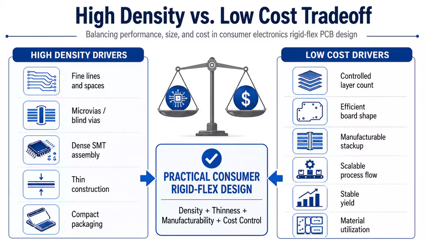 High density versus low cost tradeoff in consumer rigid-flex PCB design