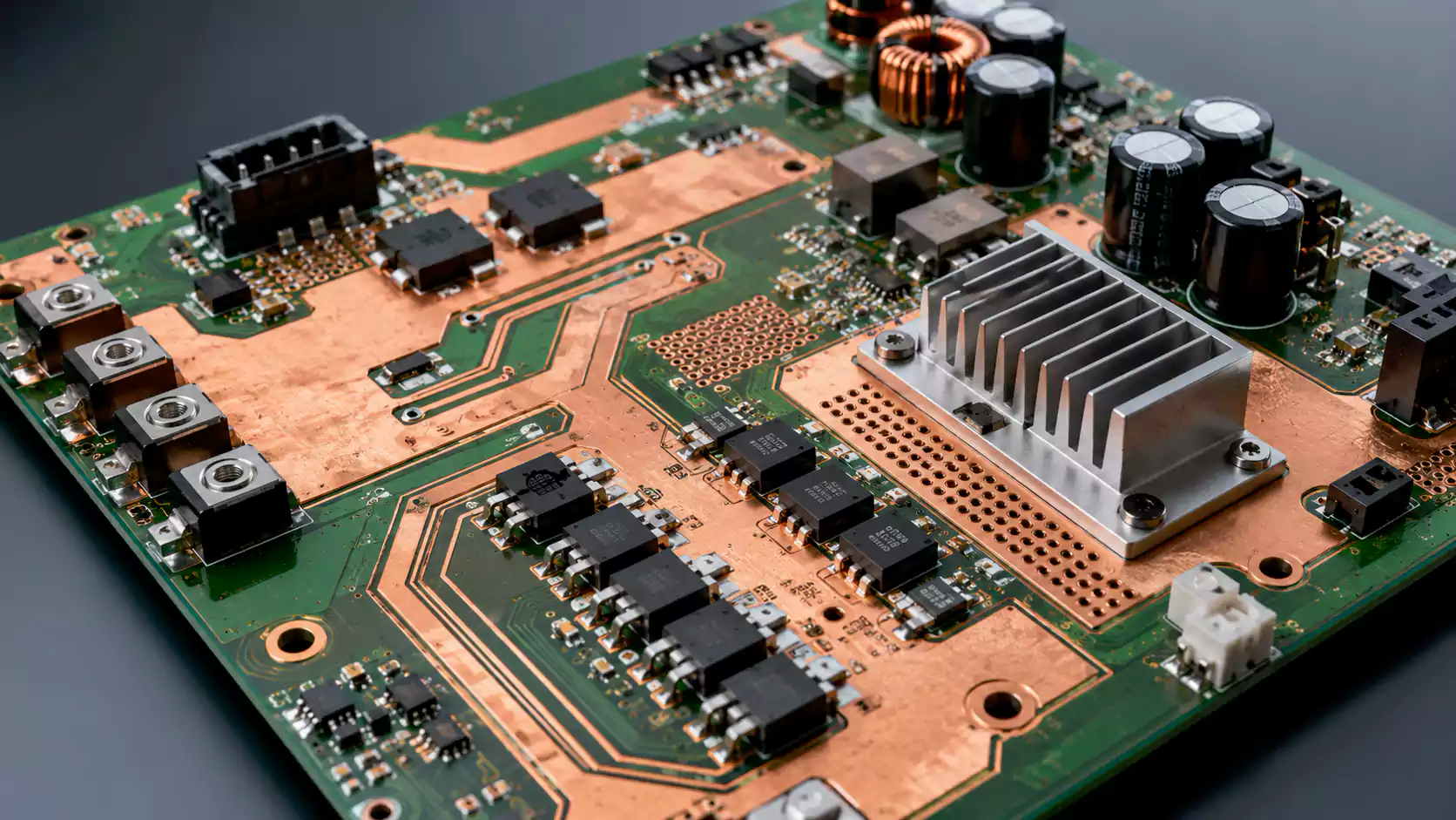 High-power PCB design hero showing copper weight thermal paths and layout for power boards