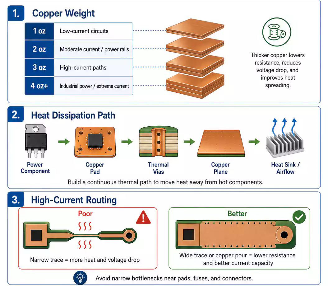 High-power PCB design infographic covering copper thermal layout and material choices