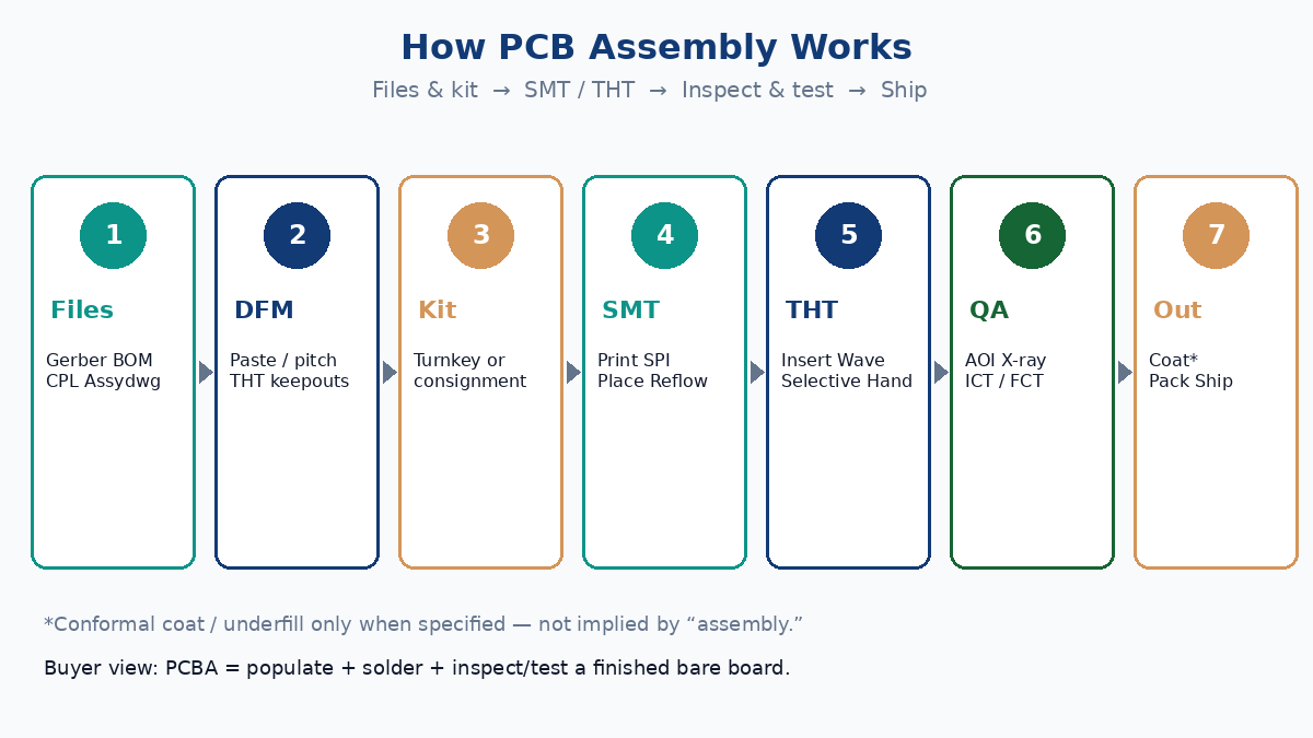 How PCB assembly works: files and kit through SMT, THT, inspect, test, and ship