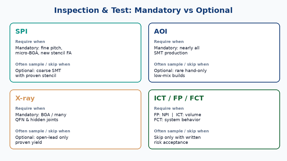 Inspection and test decision gates: when SPI, AOI, X-ray, ICT, flying probe, and FCT are required