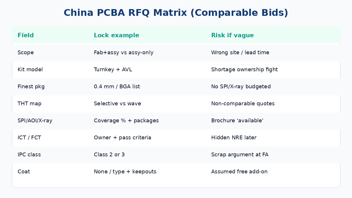 China PCBA RFQ matrix: kit model, sequence, SPI AOI X-ray coverage, ICT ownership, coat, IPC class