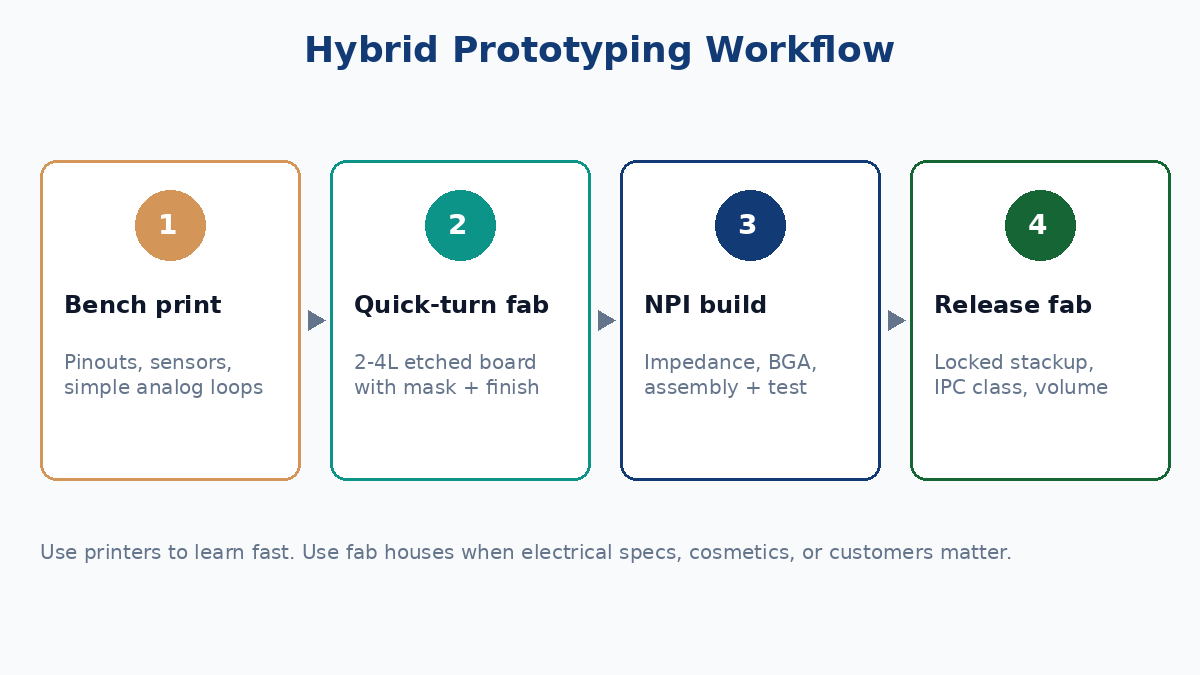 Hybrid prototyping workflow from bench printer to release fab