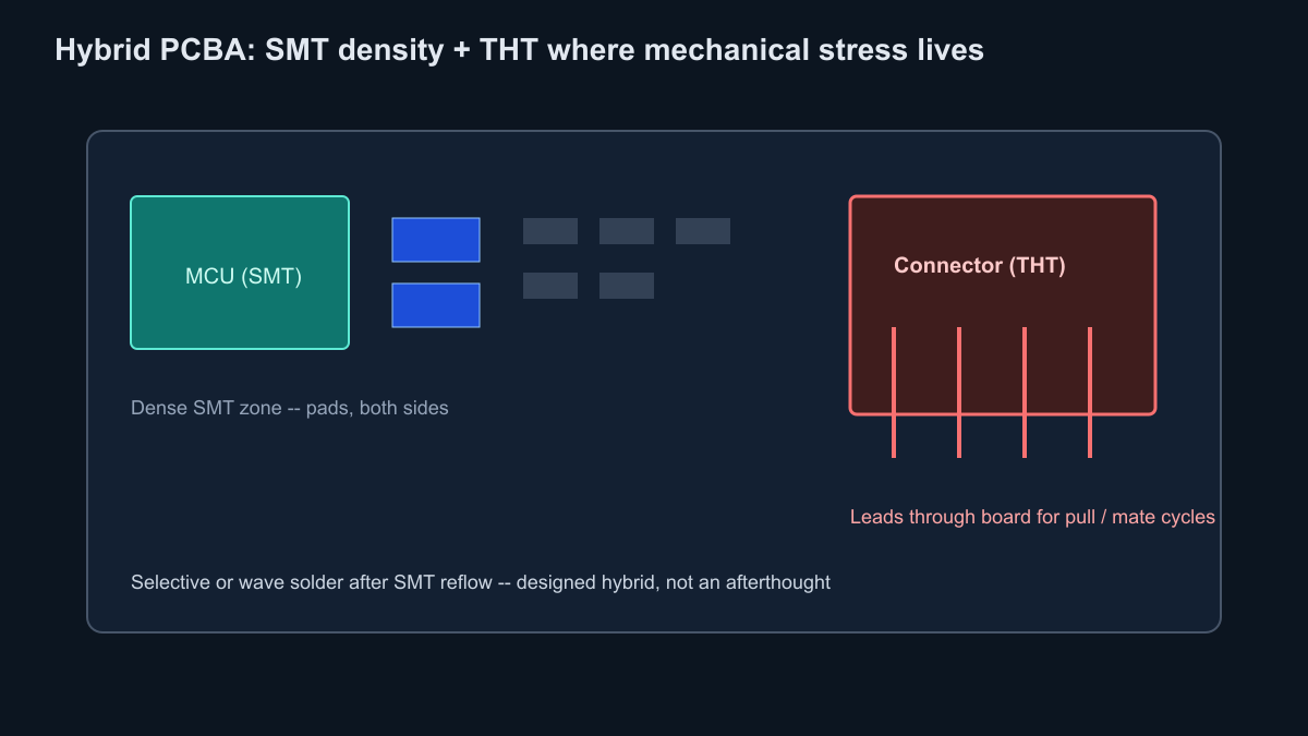 Hybrid board: SMT density with through-hole connectors for mechanical retention