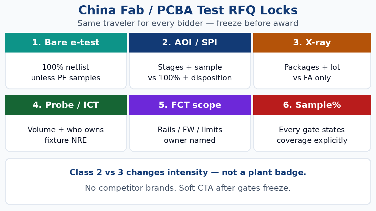 RFQ test locks for China fab PCBA — e-test AOI X-ray flying probe ICT FCT sample vs 100%
