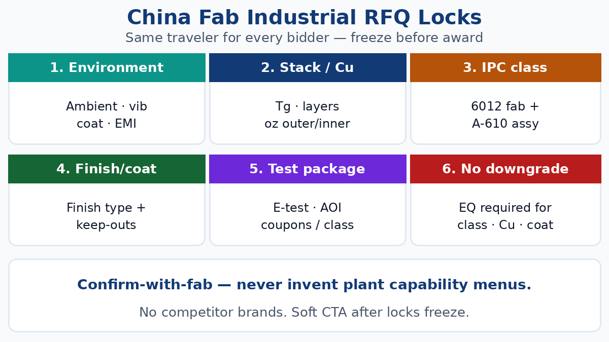 China fab industrial RFQ locks — environment, stack, IPC class, coat, test