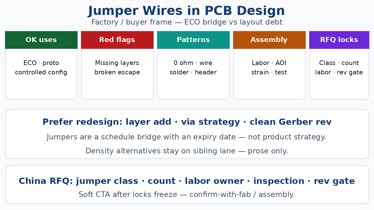 Jumper wires in PCB design — ECO vs layout debt, 0Ω / wire / bodge, assembly RFQ locks