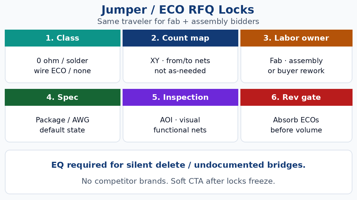 Jumper wires RFQ locks — class, count, labor owner, inspection, rev gate