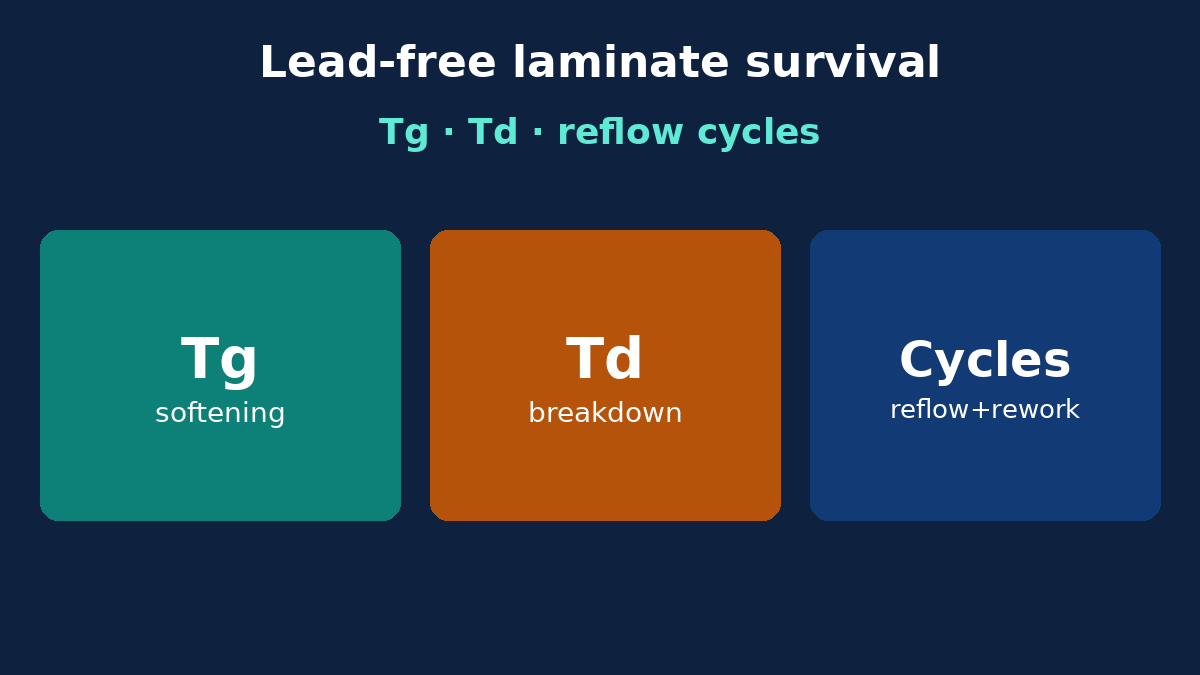 Lead-free reflow survival for PCB laminate: Tg, Td, RFQ notes