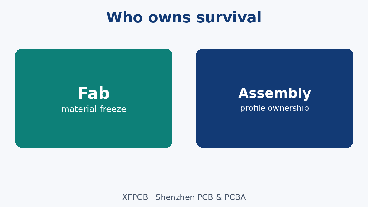 Fab material freeze + assembly profile ownership