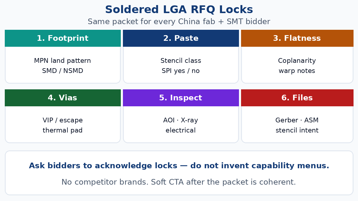 LGA RFQ locks — footprint, paste, flatness, inspection, files