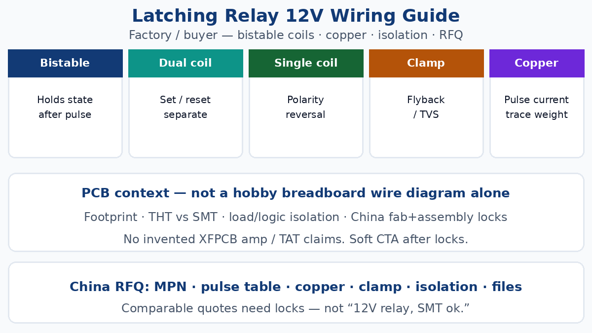Latching relay 12V wiring guide — bistable coils, copper, isolation, RFQ locks