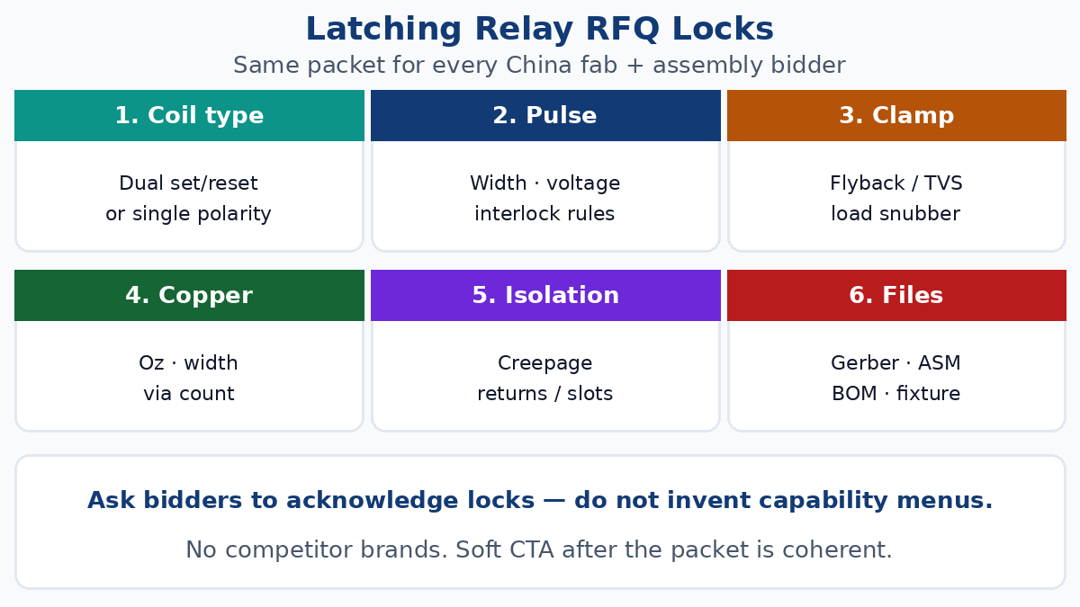 Latching relay RFQ locks — coil type, copper, clamp, isolation, files