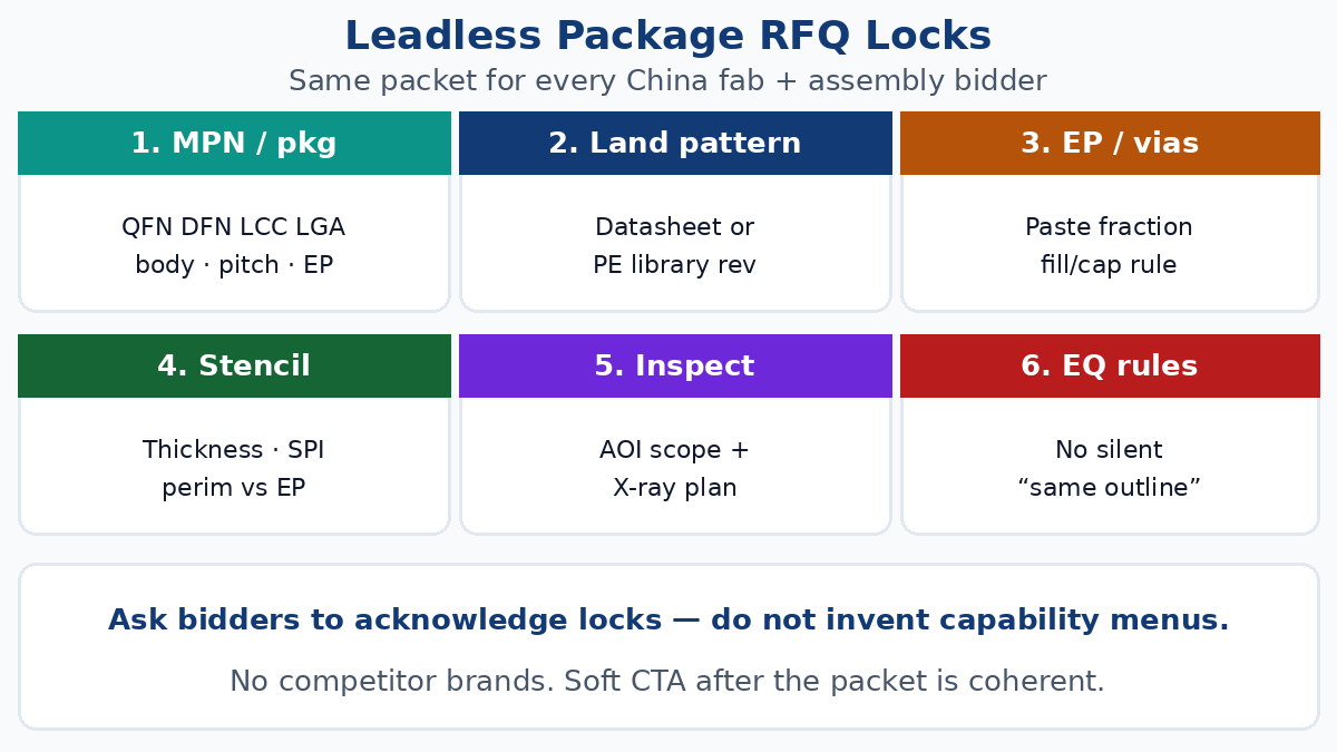 Leadless package RFQ locks — MPN land pattern EP paste stencil X-ray