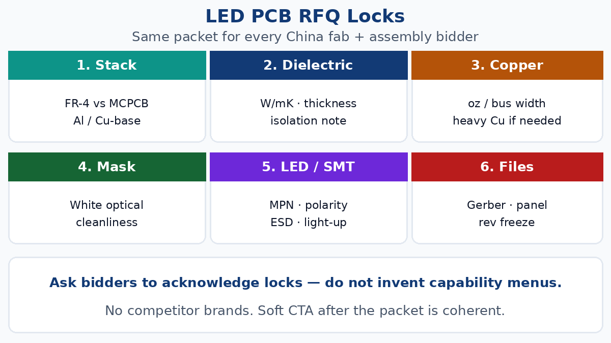 LED PCB RFQ locks — stack, copper, mask, assembly, files