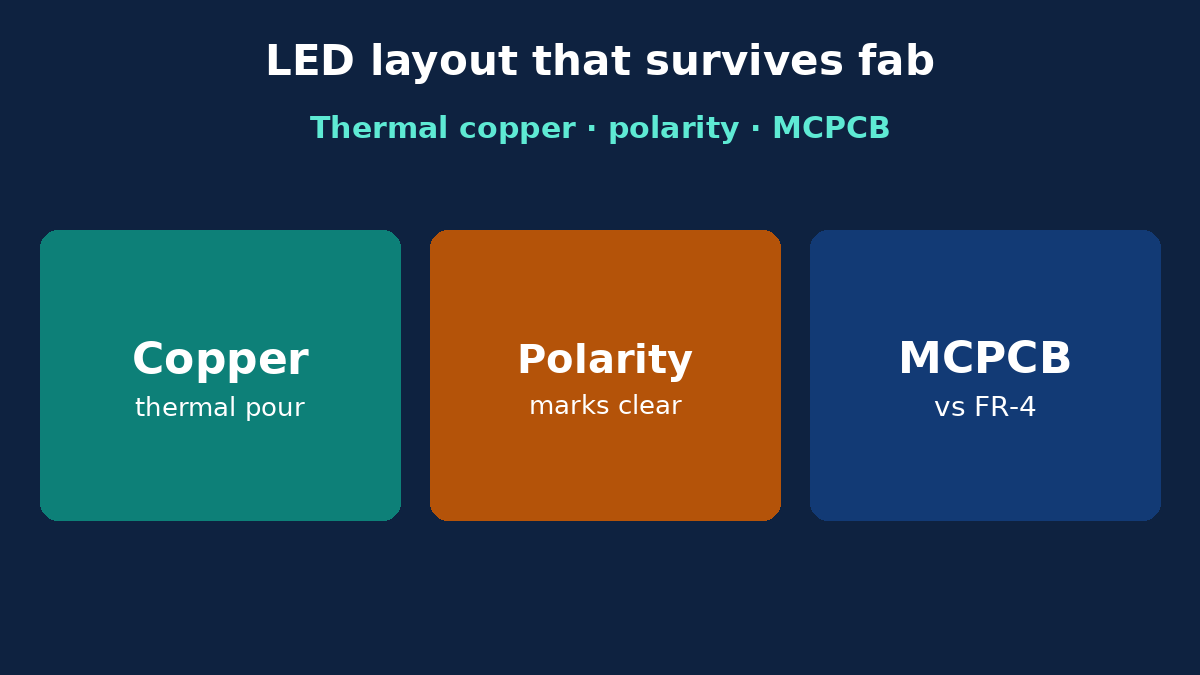 LED PCB layout: thermal copper, polarity, MCPCB vs FR-4 gates