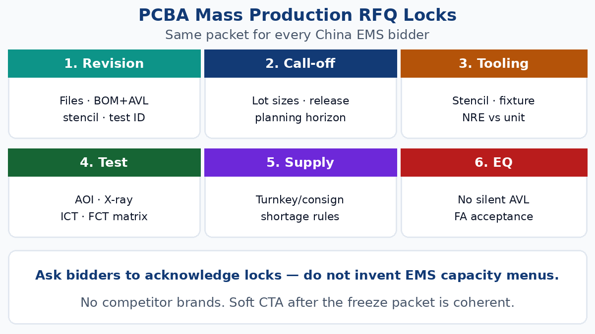 PCBA mass production RFQ locks — freeze BOM tooling gates call-off