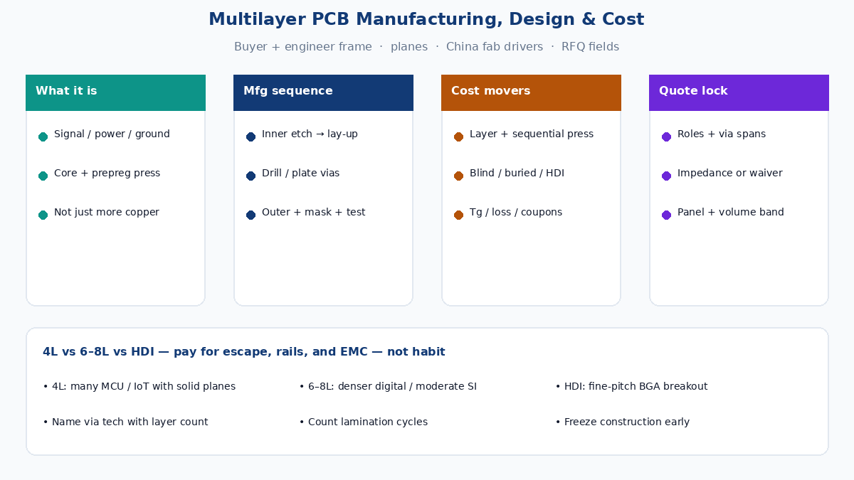 Multilayer PCB manufacturing design and cost — buyer and engineer frame for planes, lamination, and RFQ fields