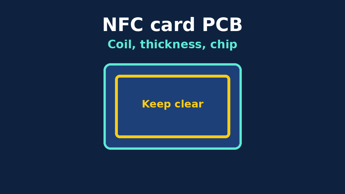 A business-card outline with an NFC coil kept clear of copper pours and a small tag chip