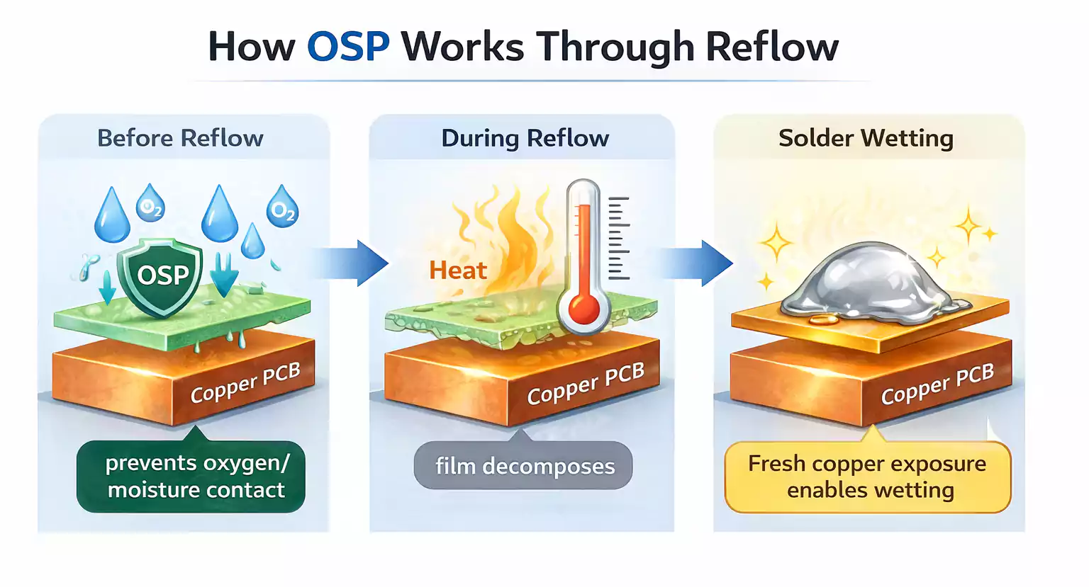 OSP film dissolving under reflow as flux exposes copper for soldering