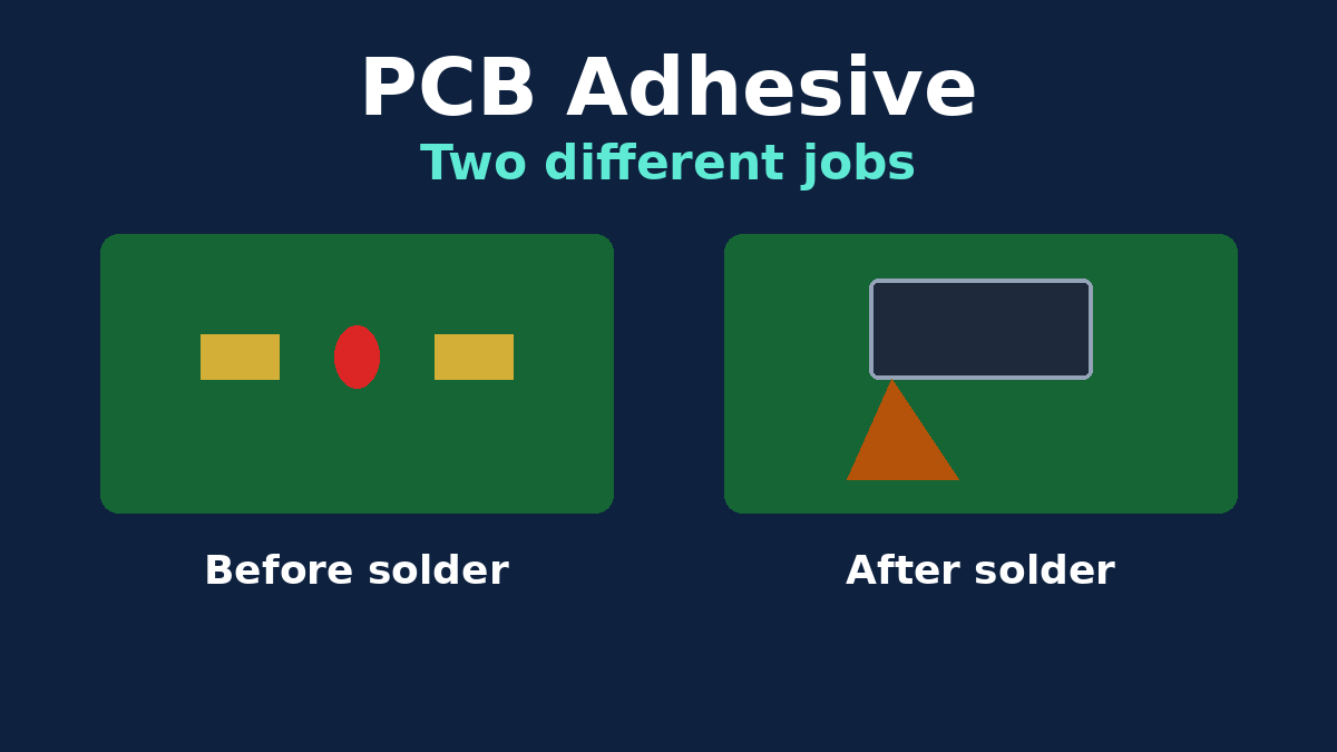 Two adhesive jobs on a PCB: red process glue between pads before soldering, and a stake fillet after the joint exists