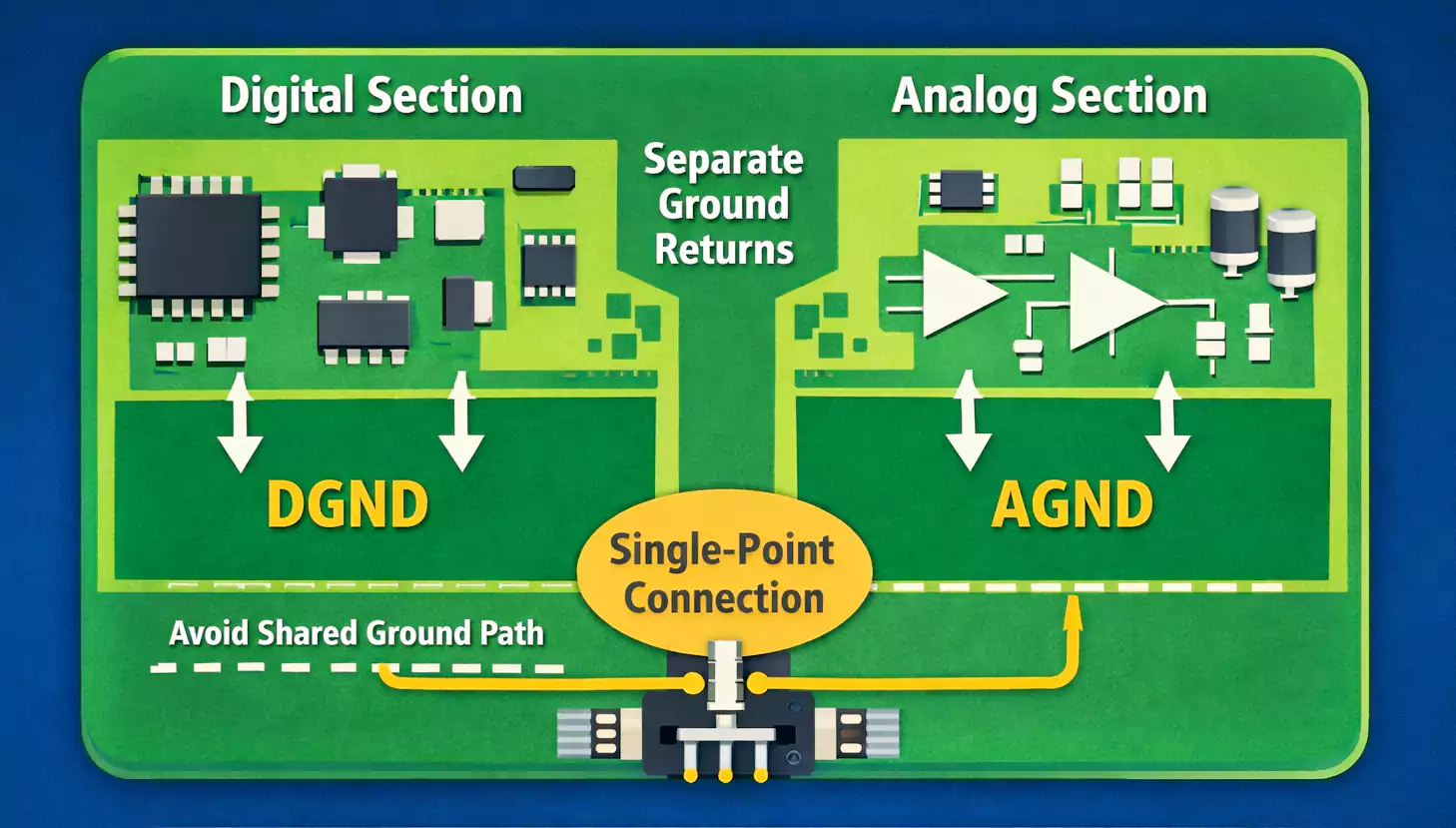 Analog and digital ground domains joined at a single intentional common point