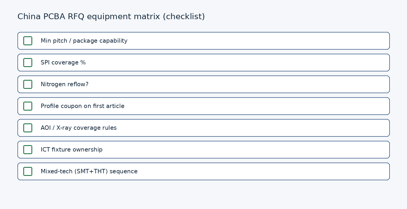 RFQ checklist rows for pitch capability, SPI, nitrogen, profile coupon, AOI/X-ray, ICT ownership, mixed-tech sequence