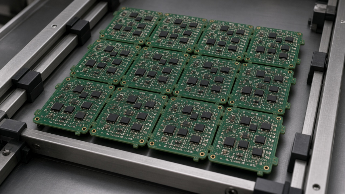 Assembled PCB array panel with process rails, fiducials and tab-routed breakaway bridges on an SMT conveyor