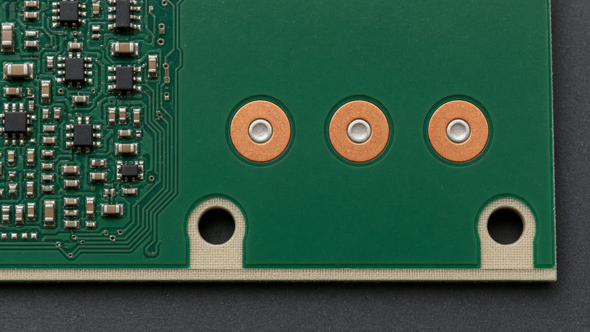 Assembled PCB array with process rails, global fiducials and tooling holes