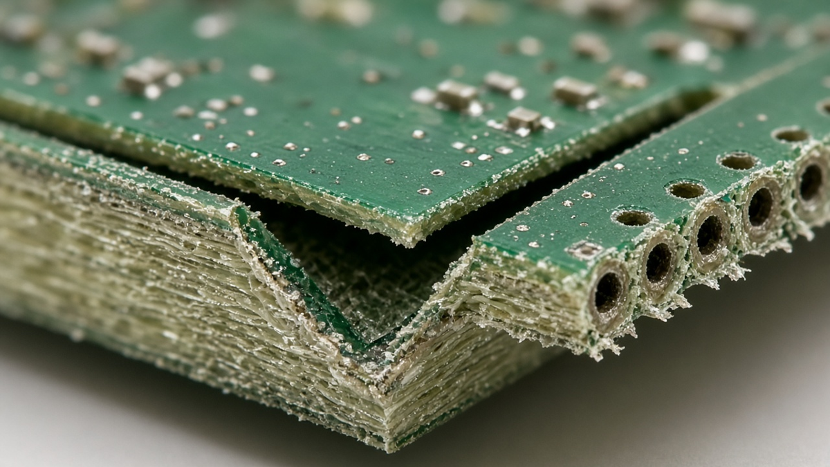 Close-up of V-score groove and perforated breakaway tab on a PCB array edge