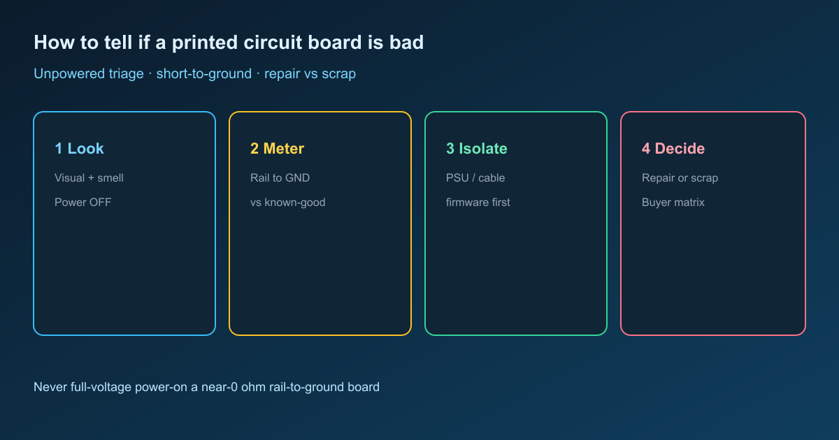 Unpowered PCB triage with meter for short-to-ground and repair vs scrap decisions