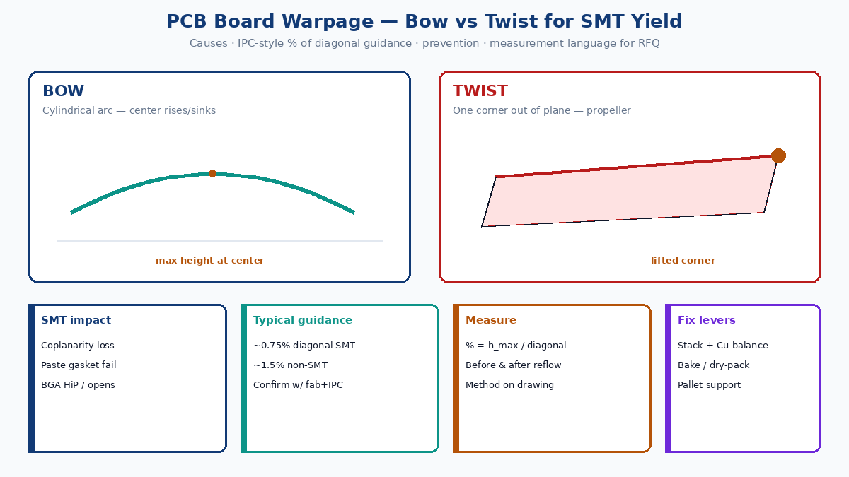 PCB board warpage: bow vs twist shapes and SMT coplanarity risk