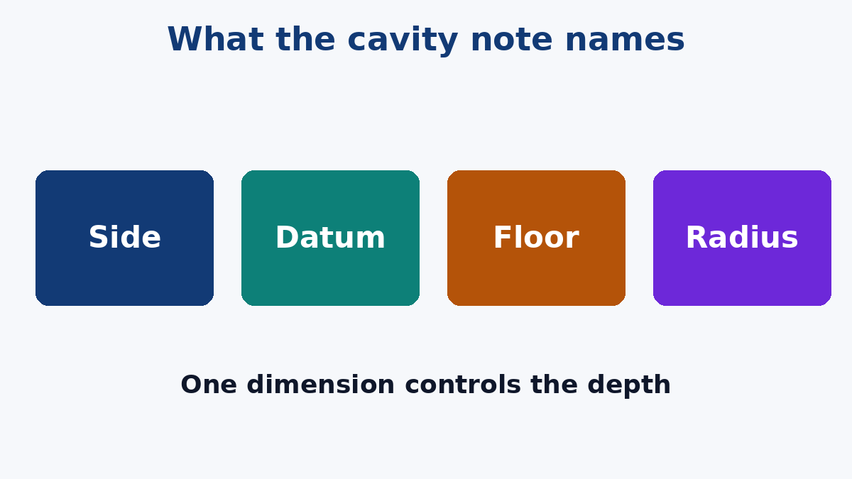 Side, datum, floor and corner radius are the cavity note