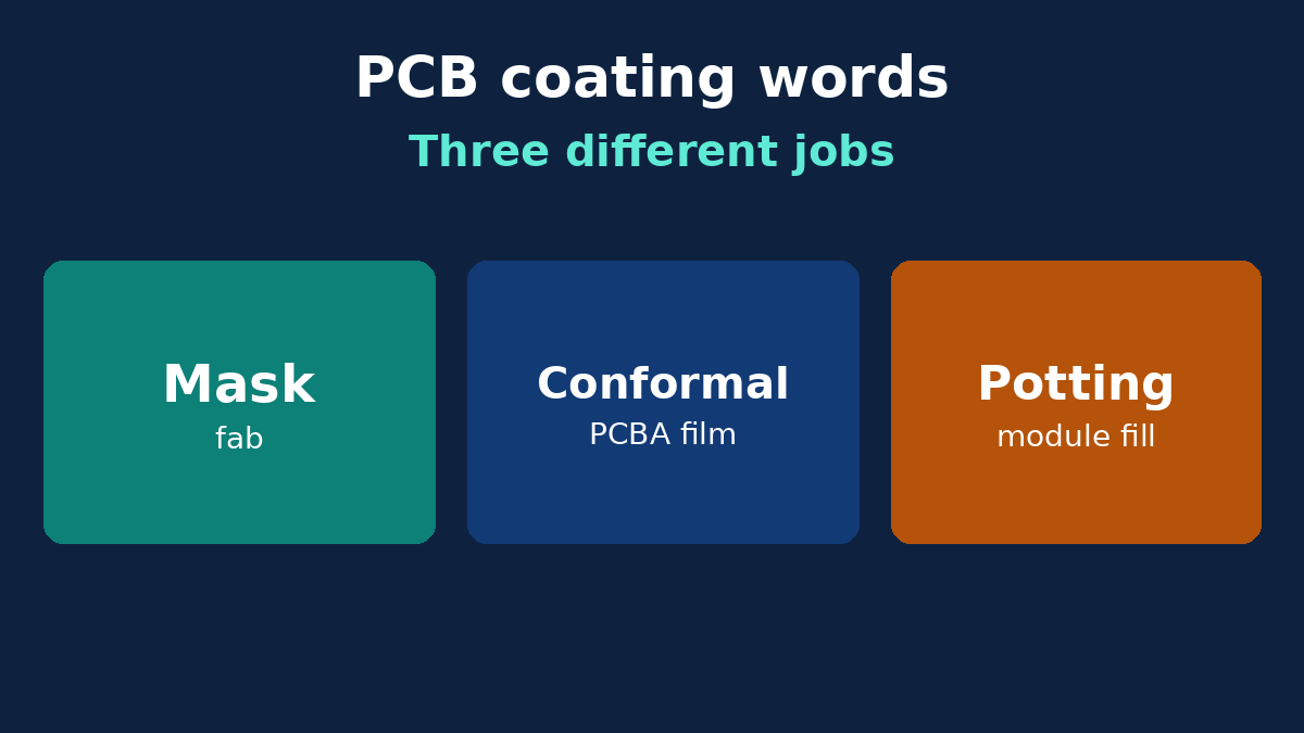Three jobs called coating: solder mask, conformal film, potting