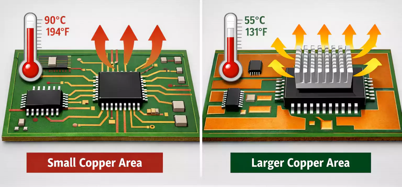 Copper pour area spreading heat away from a power component versus a starved thermal layout