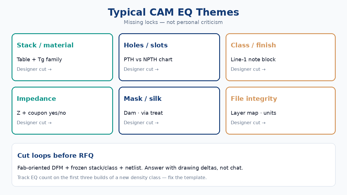 Typical CAM EQ themes: stackup, holes, class, impedance, mask/silkscreen, files
