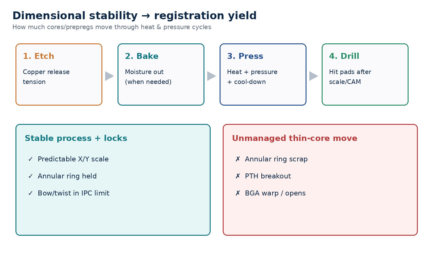 Dimensional stability drives multilayer registration: core/prepreg movement through heat and pressure cycles