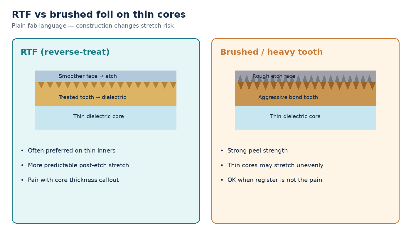 RTF vs brushed foil on thin cores: bond face, etch face, and stretch risk