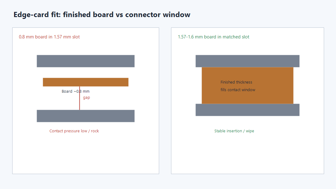 Edge-card connector mismatch when a thin board enters a thicker slot