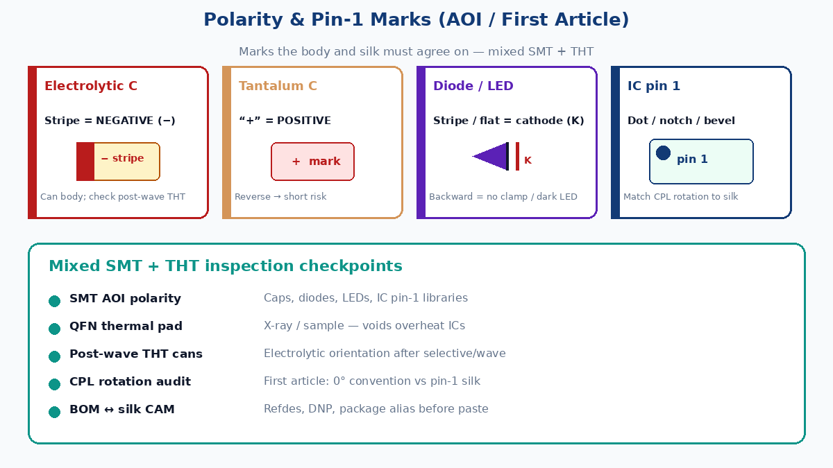 Polarity and pin-1 marks: electrolytic stripe, diode cathode, IC pin-1, QFN thermal pad