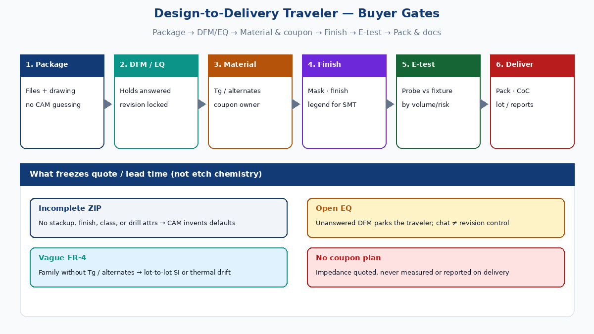 Design-to-delivery traveler — package, DFM/EQ, material & coupon, finish, e-test, pack & docs