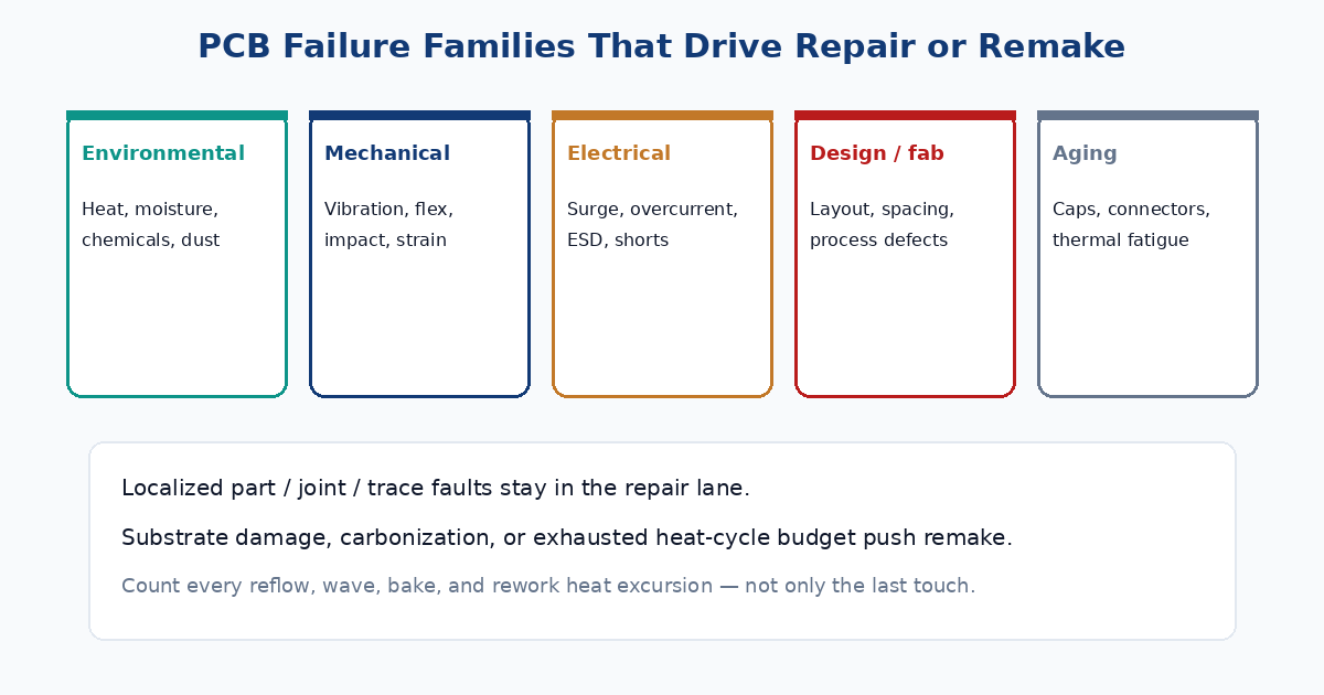 Five PCB failure families: environmental, mechanical, electrical, design or fab, and aging