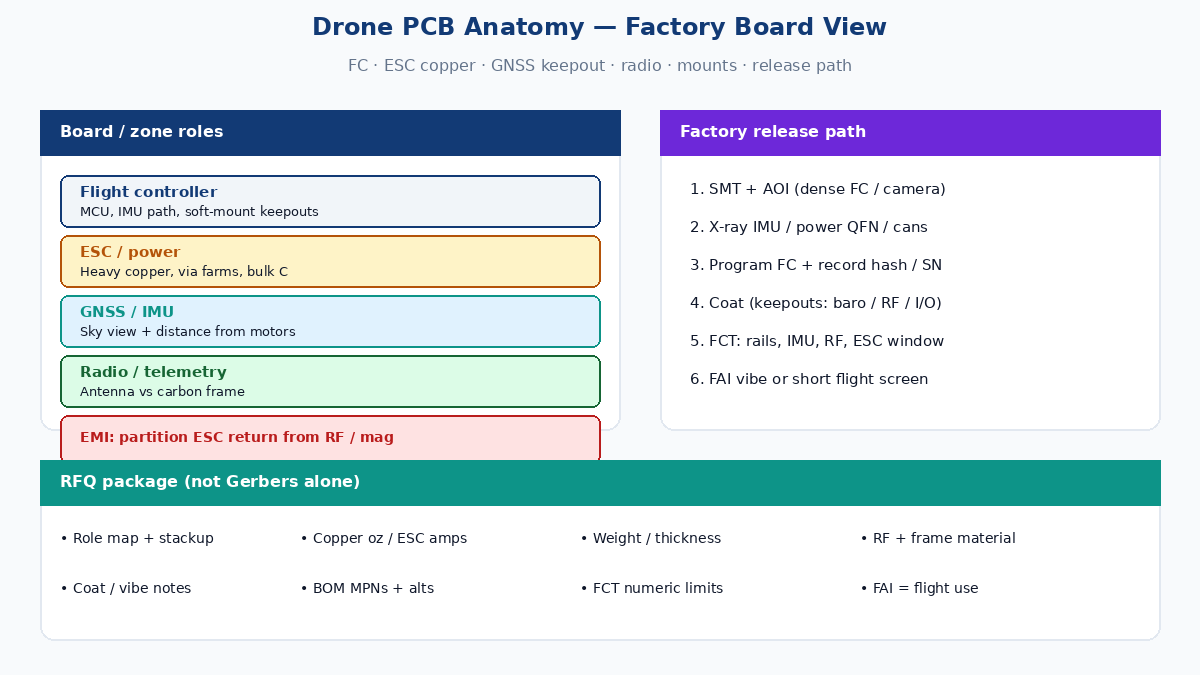 Drone PCB anatomy — FC, ESC copper, GNSS keepout, radio, vibration mounts