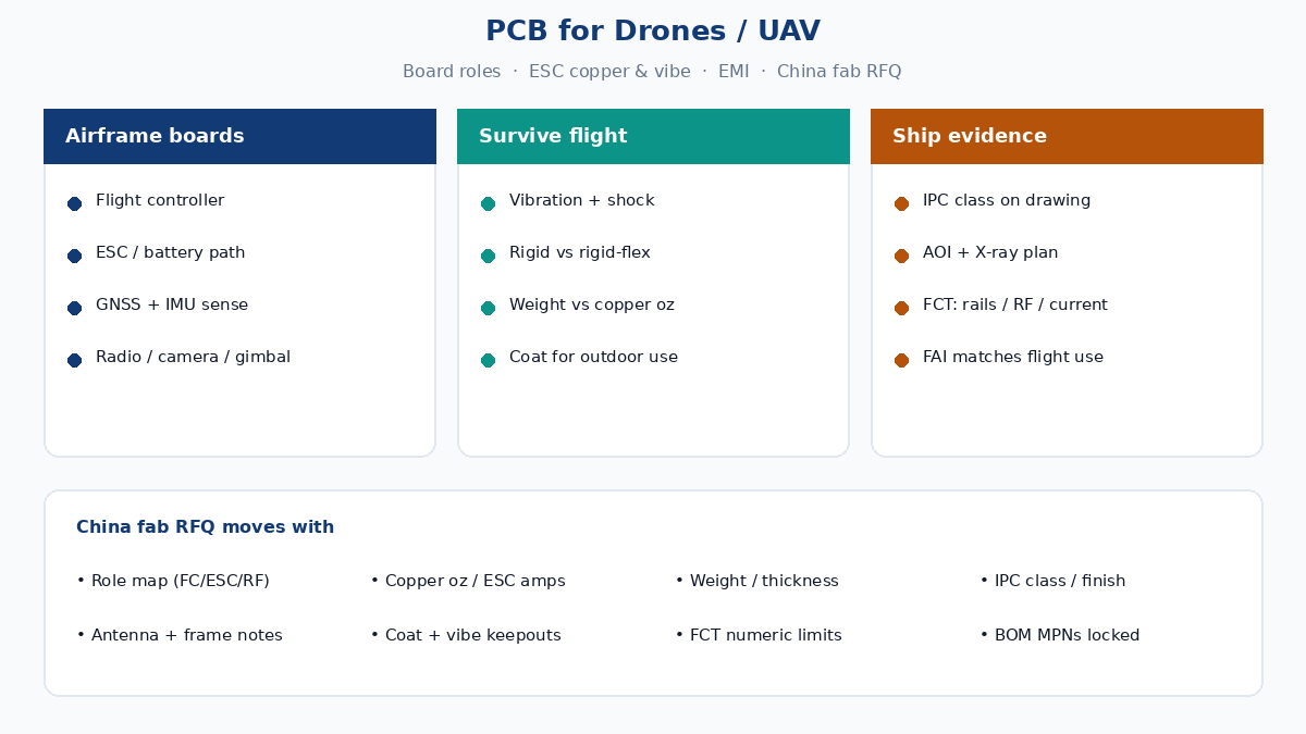 PCB for drones — flight controller, ESC power path, GNSS/IMU, radio and camera board roles
