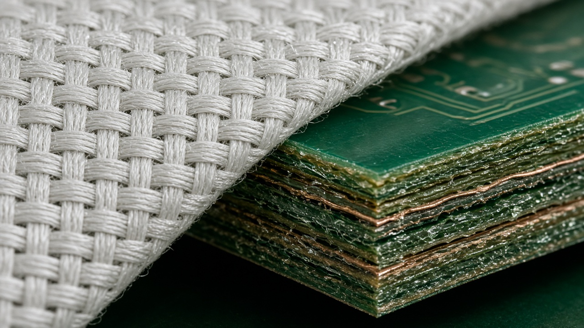 Macro view of woven E-glass fabric beside a multilayer PCB laminate edge showing glass bundles